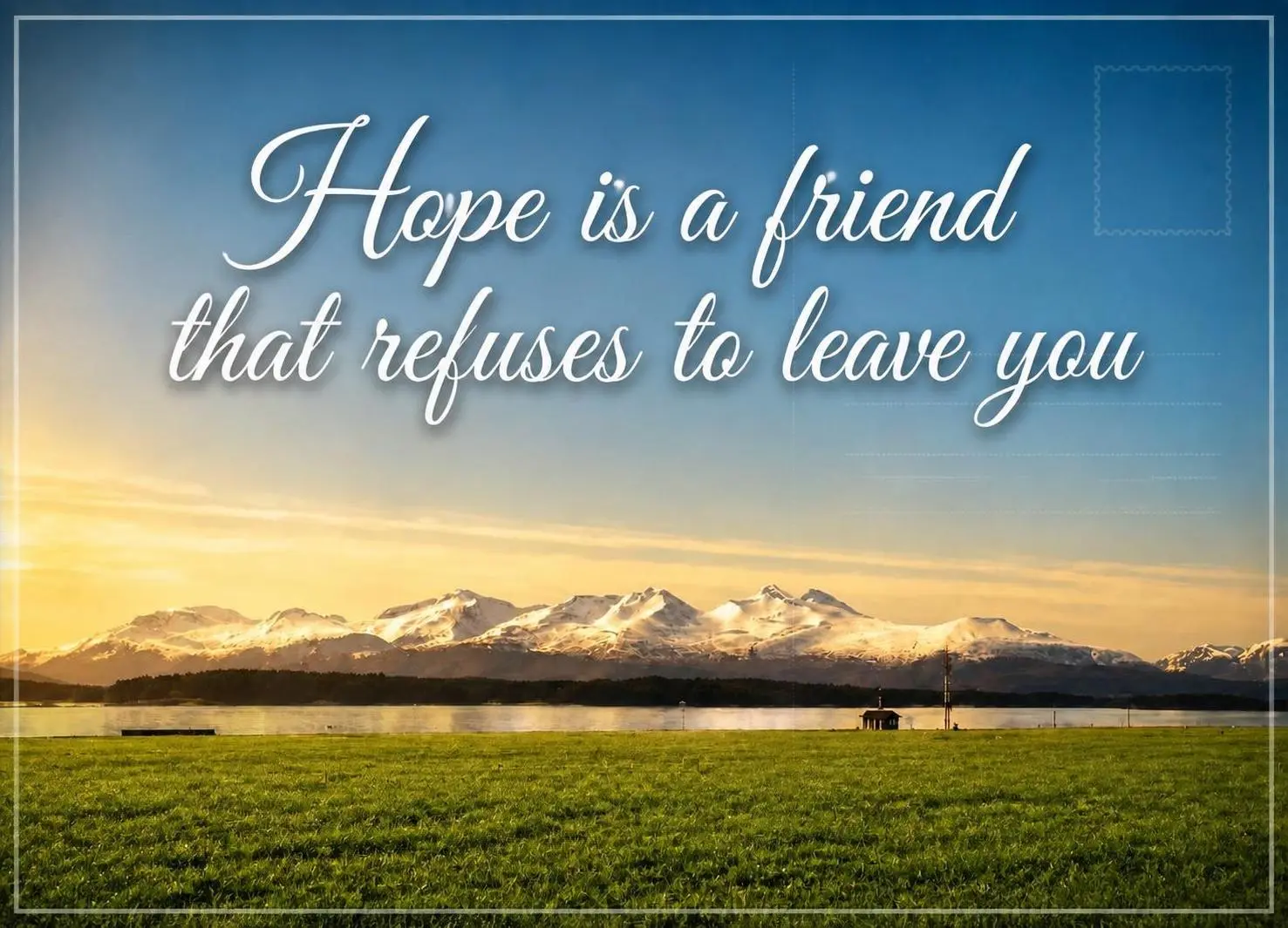 A postcard featuring a landscape with a lake and mountains, along with text overlay.