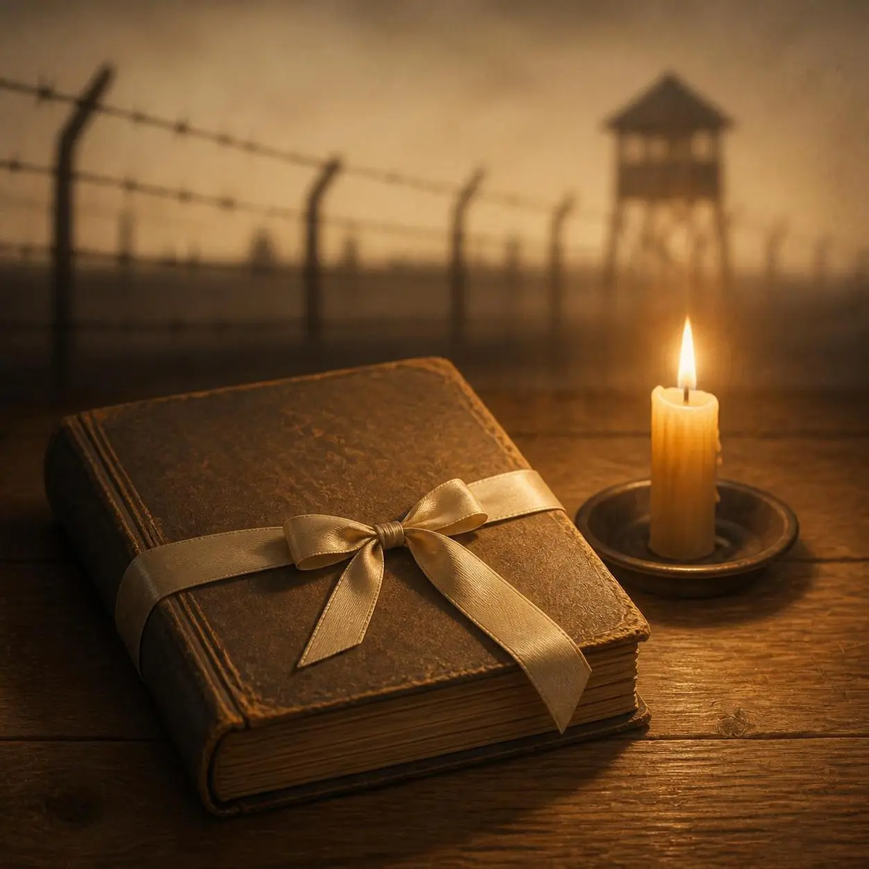 An image displaying a diary on a lace and a candle, with concentration camps on background.