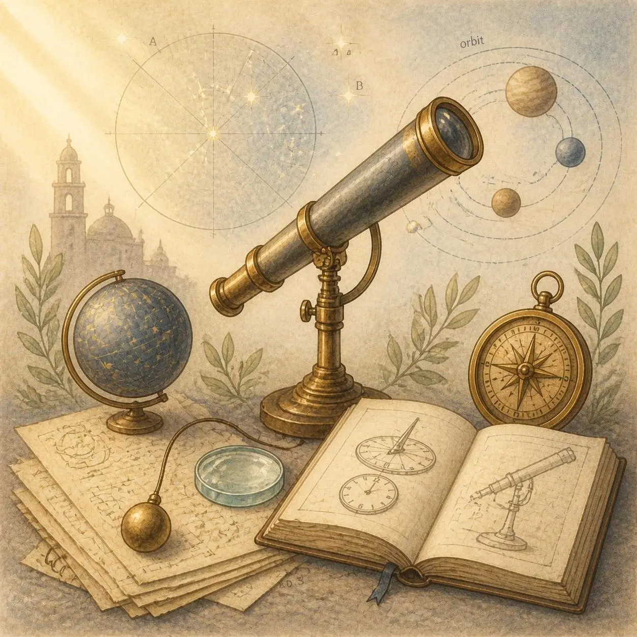 Brass telescope with globe and open sketchbook of astronomical drawings.