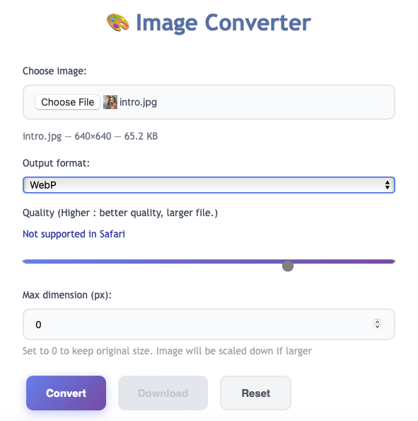 A screenshot of a webpage displaying an image converter
