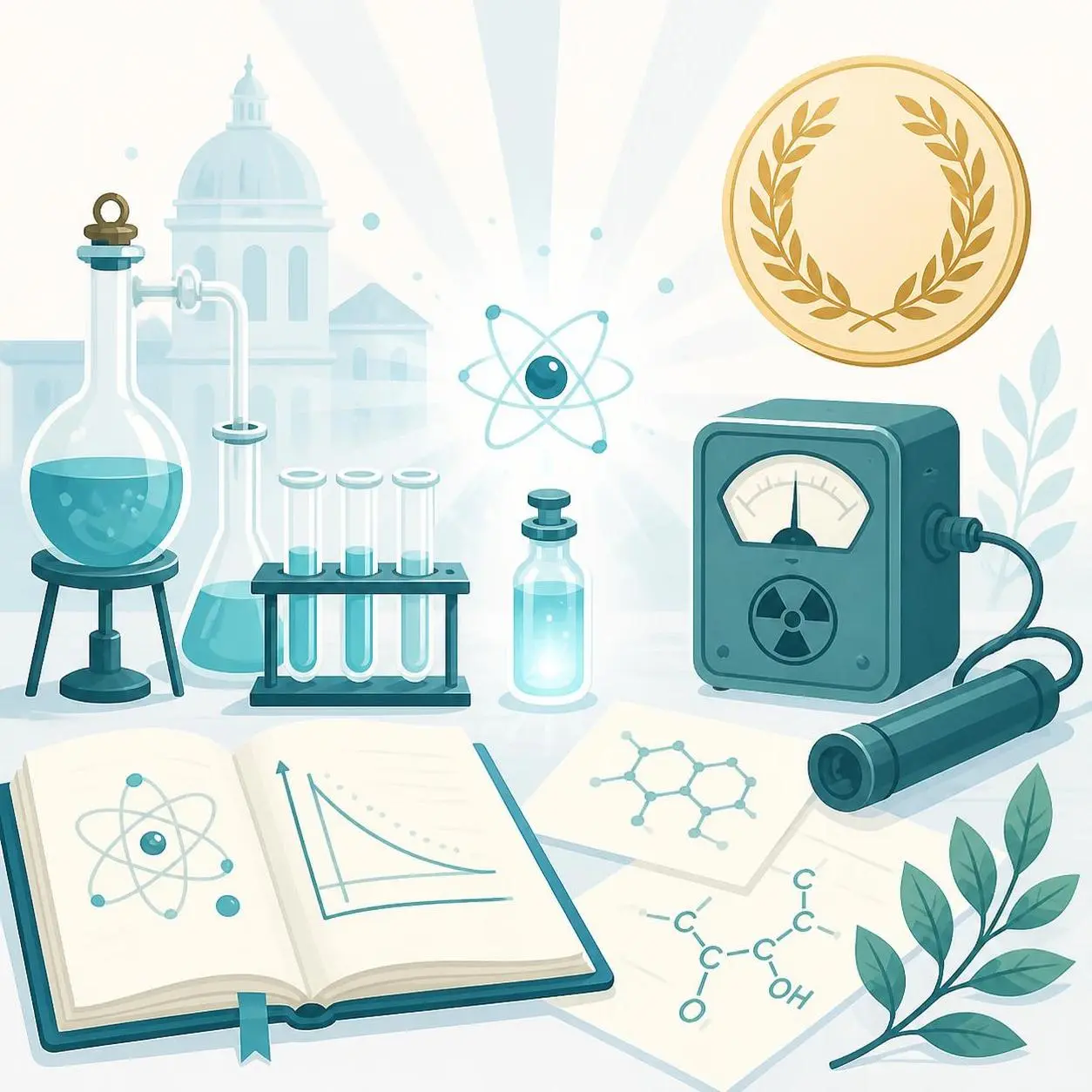 A colorful illustration featuring laboratory glassware, an open notebook, an atom symbol and a radiation gauge