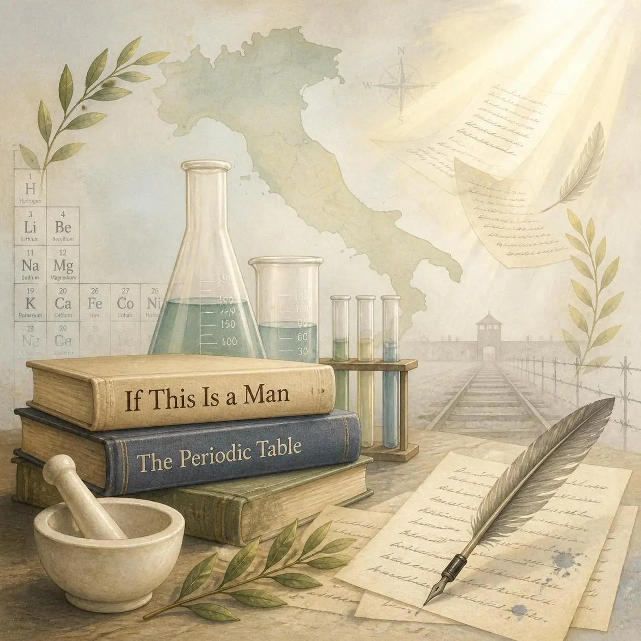 An image showing some books, test tubes and a concentration camp on the background