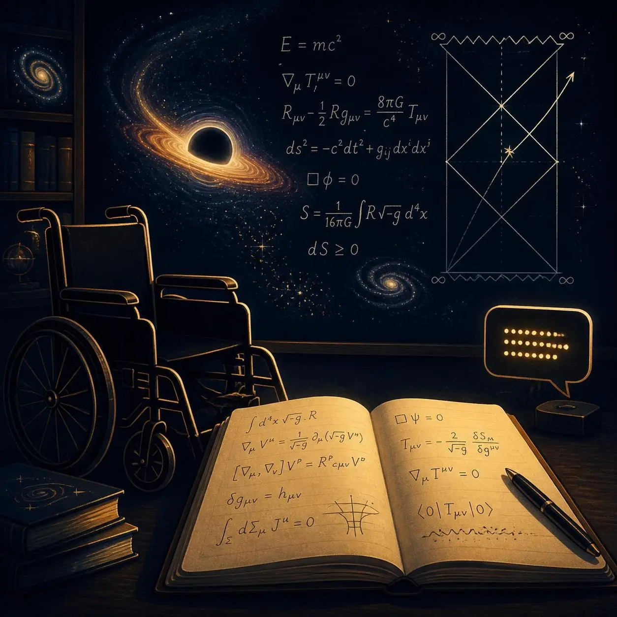 A wheelchair and many documents on studies on the universe.