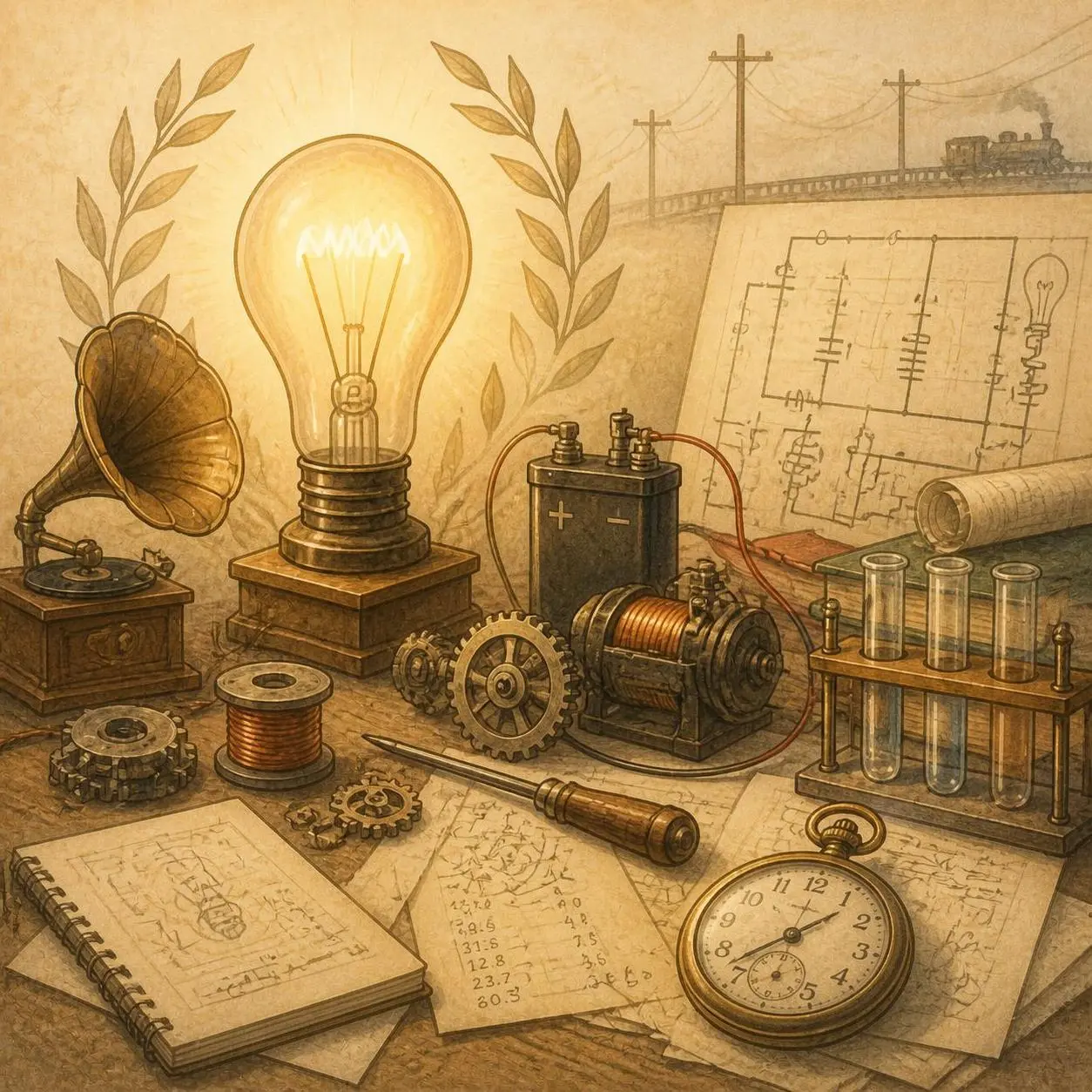 Vintage workshop scene with a glowing lightbulb, gramophone, pocket watch, gears and coils and test tubes..