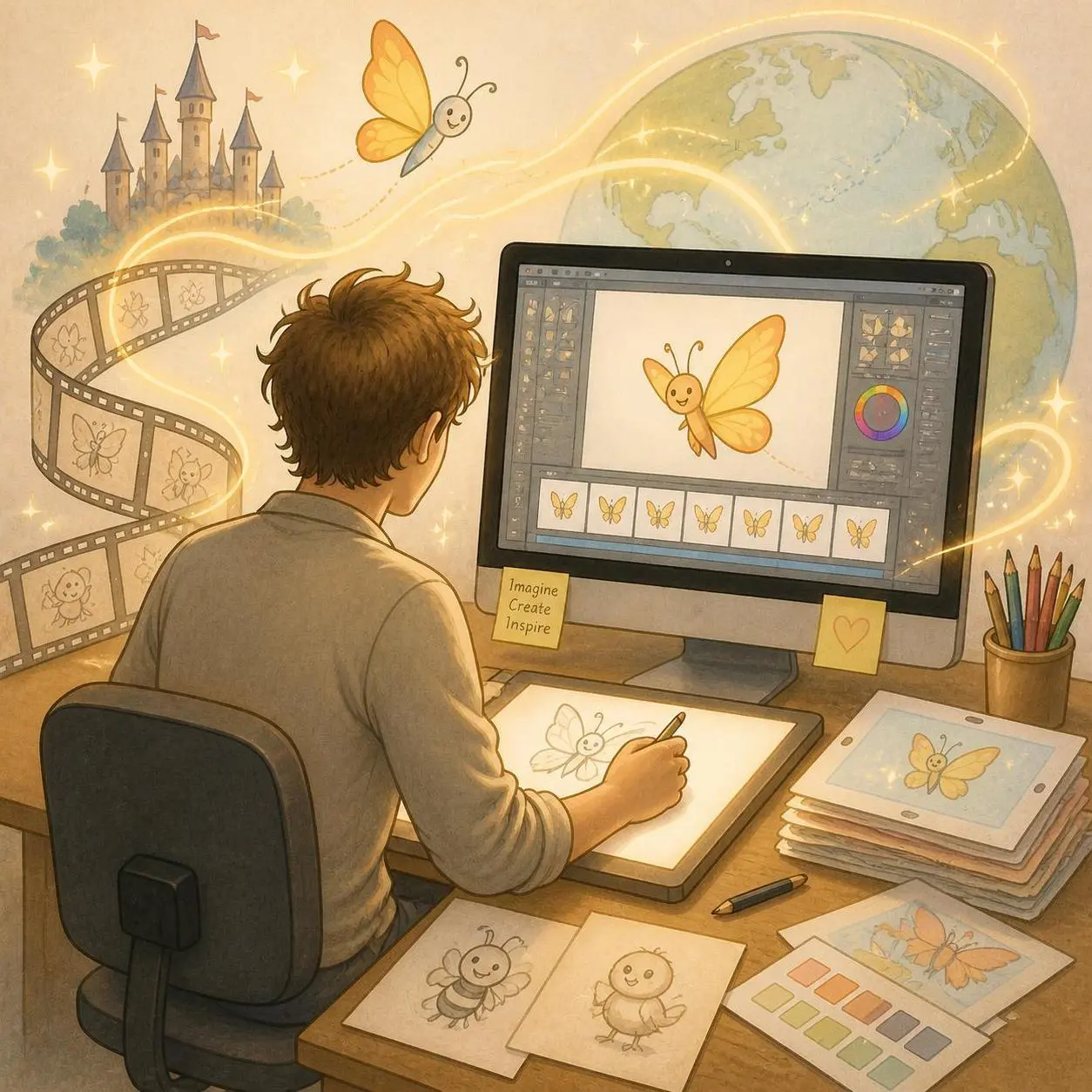 A young man animating cartoons on a desktop.