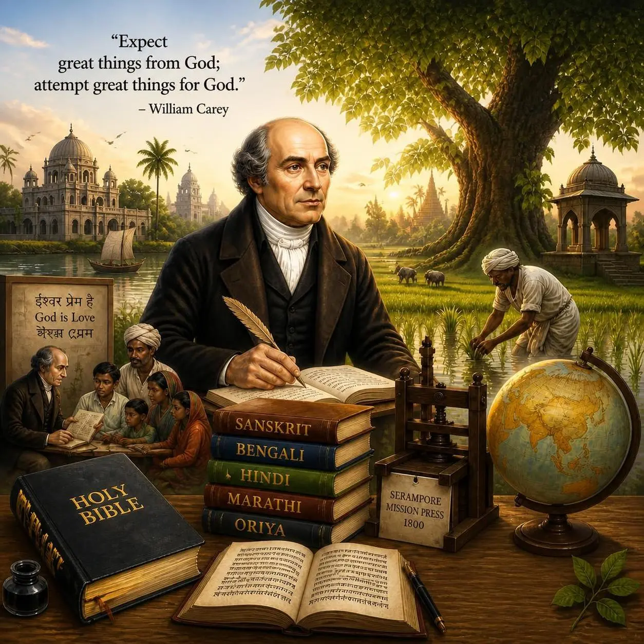 A scene with stacked language books, open Bible, globe, fieldworkers, and a pastoral landscape with temples and a large tree.